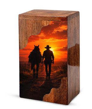 Cowboy Wooden Cremation Urn – Sunset Horse Memorial Urn for Human Ashes | Rustic Tribute Urn for Dad