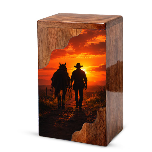 Cowboy Wooden Cremation Urn – Sunset Horse Memorial Urn for Human Ashes | Rustic Tribute Urn for Dad