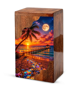 Beach Sunset Wooden Cremation Urn – Tropical Ocean Memorial Urn with Moonlit Shore