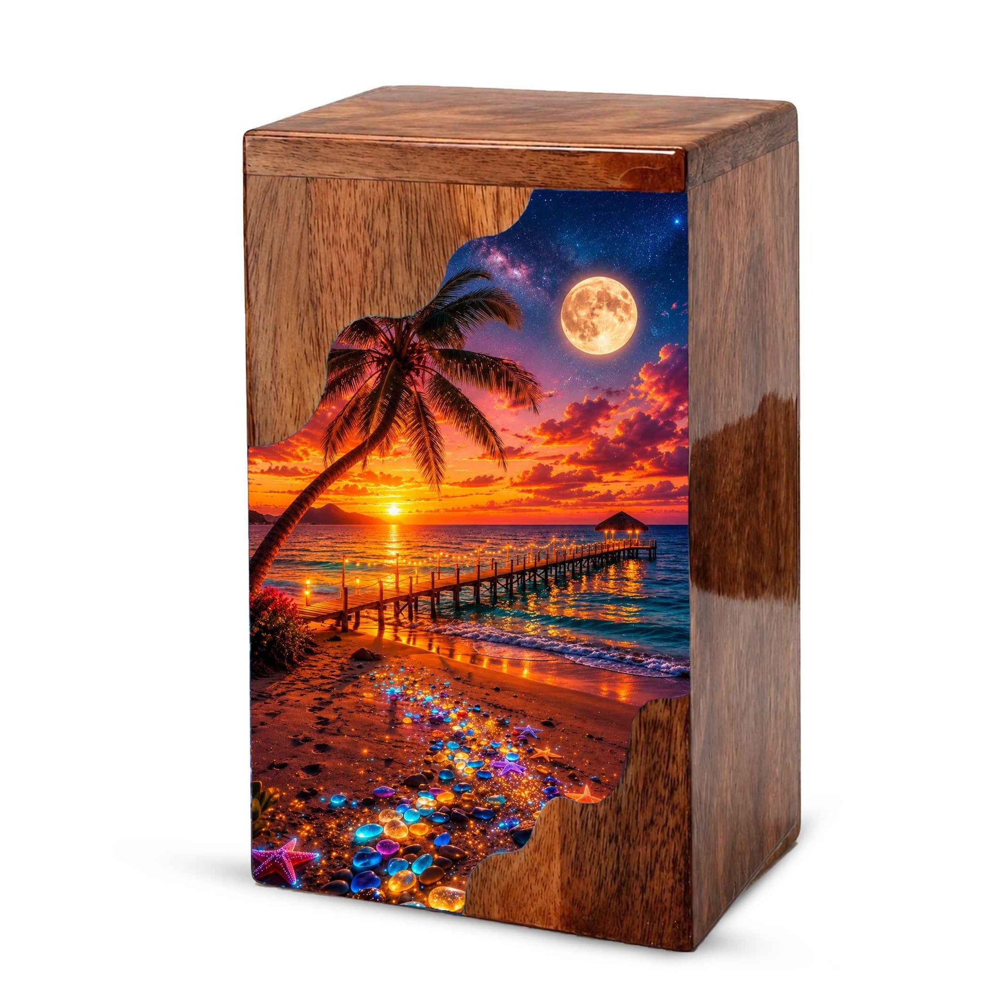 Beach Sunset Wooden Cremation Urn – Tropical Ocean Memorial Urn with Moonlit Shore