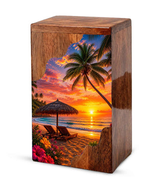 Paradise Wooden Cremation Urn – Beach Theme Wooden Urn for Human Ashes