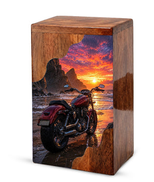 Motorcycle Beach Sunset Cremation Urn – Wooden Urn for Human Ashes