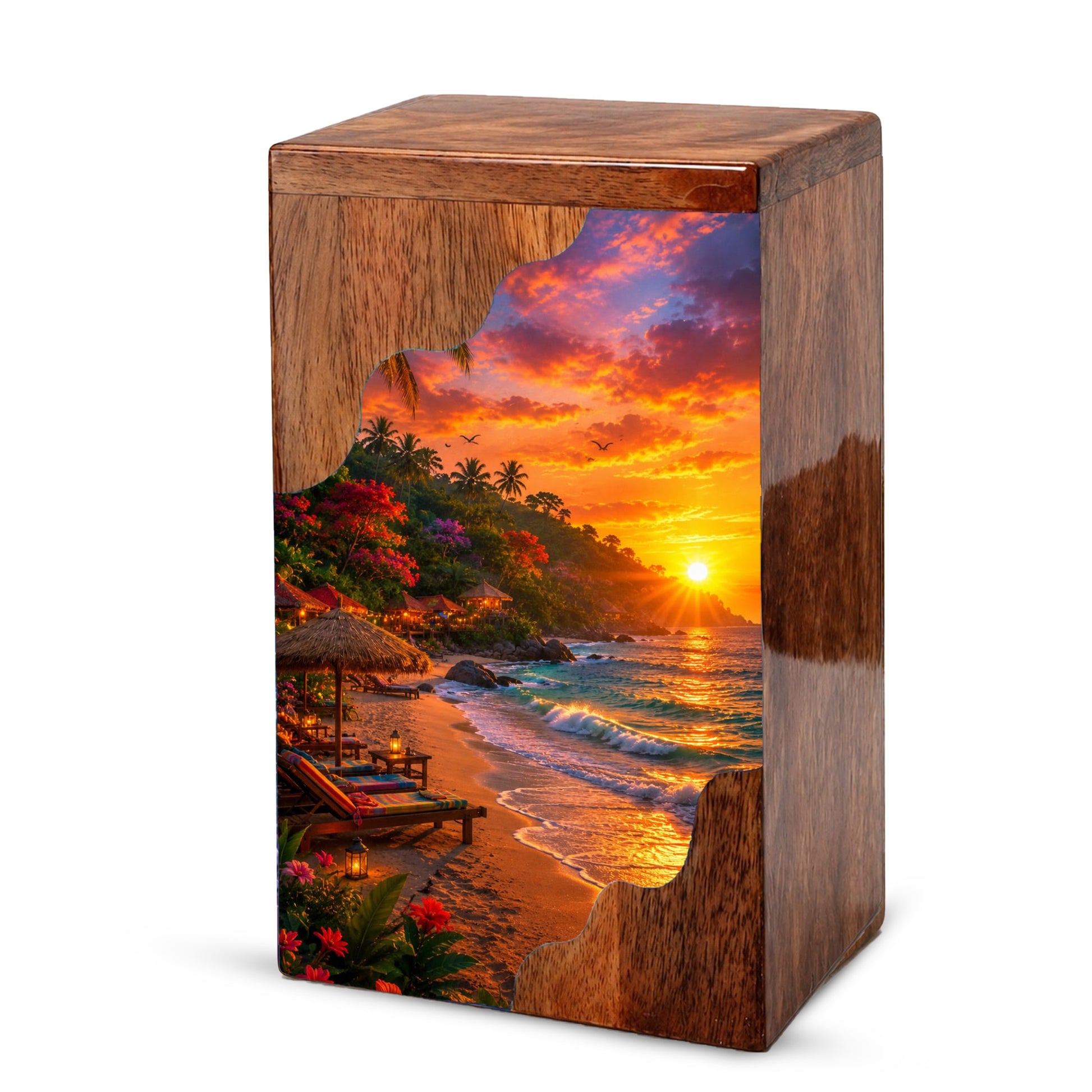 Tropical Beach Wooden Cremation Urn – Wooden Urn for Human Ashes |