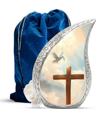 Christian Cross Personalized Cremation Urn – Teardrop Memorial Urn for Ashes | 10 Inch Aluminum Adult Urn