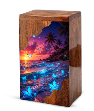 Butterfly Beach Wooden Cremation Urn – Sunset Ocean Memorial Urn for Mom