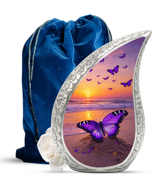 Butterfly Sunset Personalized Cremation Urn – Teardrop Style Aluminum Memorial Urn, 10 Inch