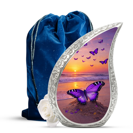 Butterfly Sunset Personalized Cremation Urn – Teardrop Style Aluminum Memorial Urn, 10 Inch