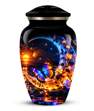 Butterfly Moon Cremation Urn for Adult Ashes, Personalized Adult Memorial Urn with Sunset and Floral Design