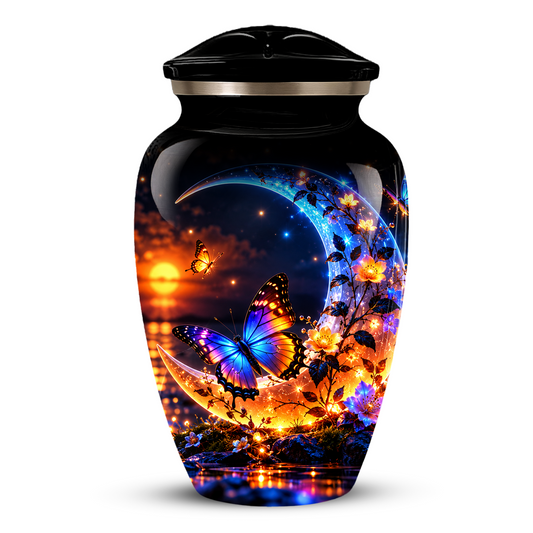 Butterfly Moon Cremation Urn for Adult Ashes, Personalized Adult Memorial Urn with Sunset and Floral Design