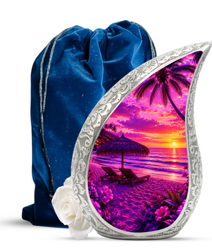 Beach Urns for Human Ashes – Ocean Sunset Beach Themed Cremation Urn, Palm Tree & Ocean Wave Memorial Urn for Mom, Women & Adults