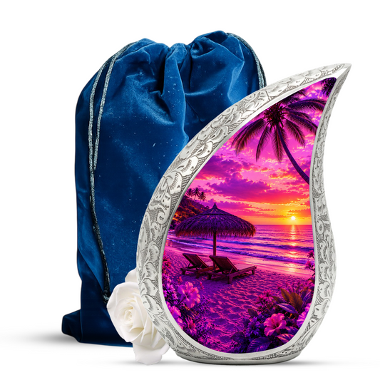 Beach Urns for Human Ashes – Ocean Sunset Beach Themed Cremation Urn, Palm Tree & Ocean Wave Memorial Urn for Mom, Women & Adults