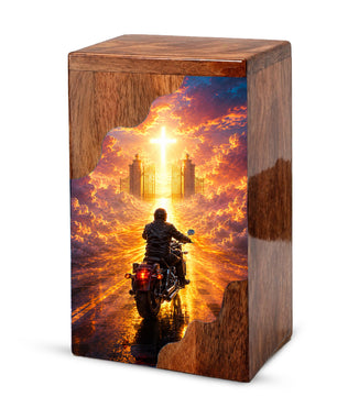 Motorcycle Heaven Wooden Cremation Urn – Christian Memorial Urn for Human Ashes