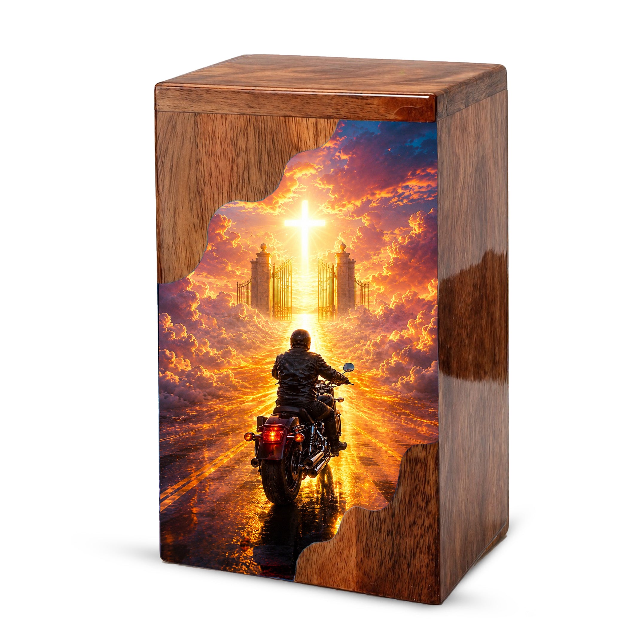 Motorcycle Heaven Wooden Cremation Urn – Christian Memorial Urn for Human Ashes