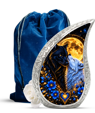 Wolf Couple Cremation Urn for Ashes, Personalized Adult Urn, Black and White Wolf Memorial Urn