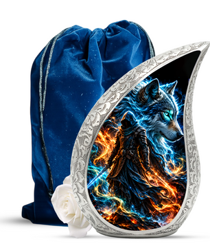 Wolf Warrior Cremation Urn for Ashes, Blue Wolf keepsake Adult Urn