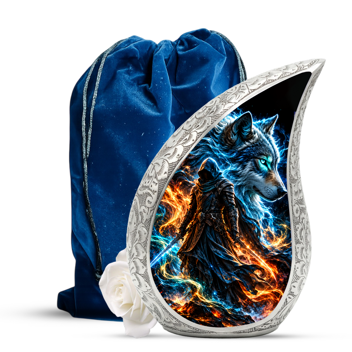 Wolf Warrior Cremation Urn for Ashes, Blue Wolf keepsake Adult Urn