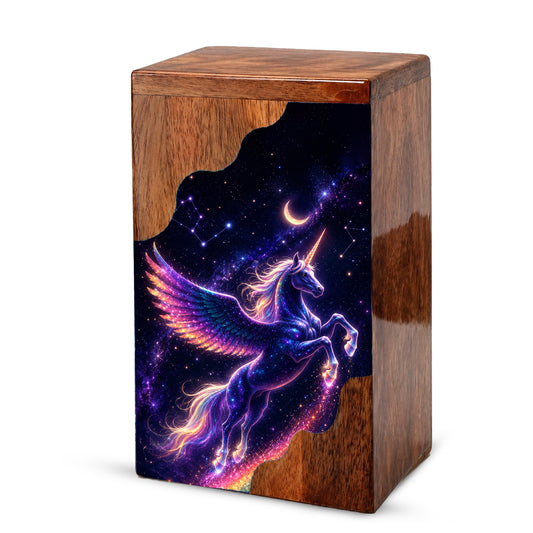 Celestial Pegasus Unicorn Wooden Cremation Urn – Personalized Memorial Urn for Human Ashes