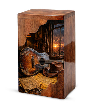 Music Wooden Cremation Urn – Guitar Memorial Urn | Rustic Wooden Urn for Human Ashes