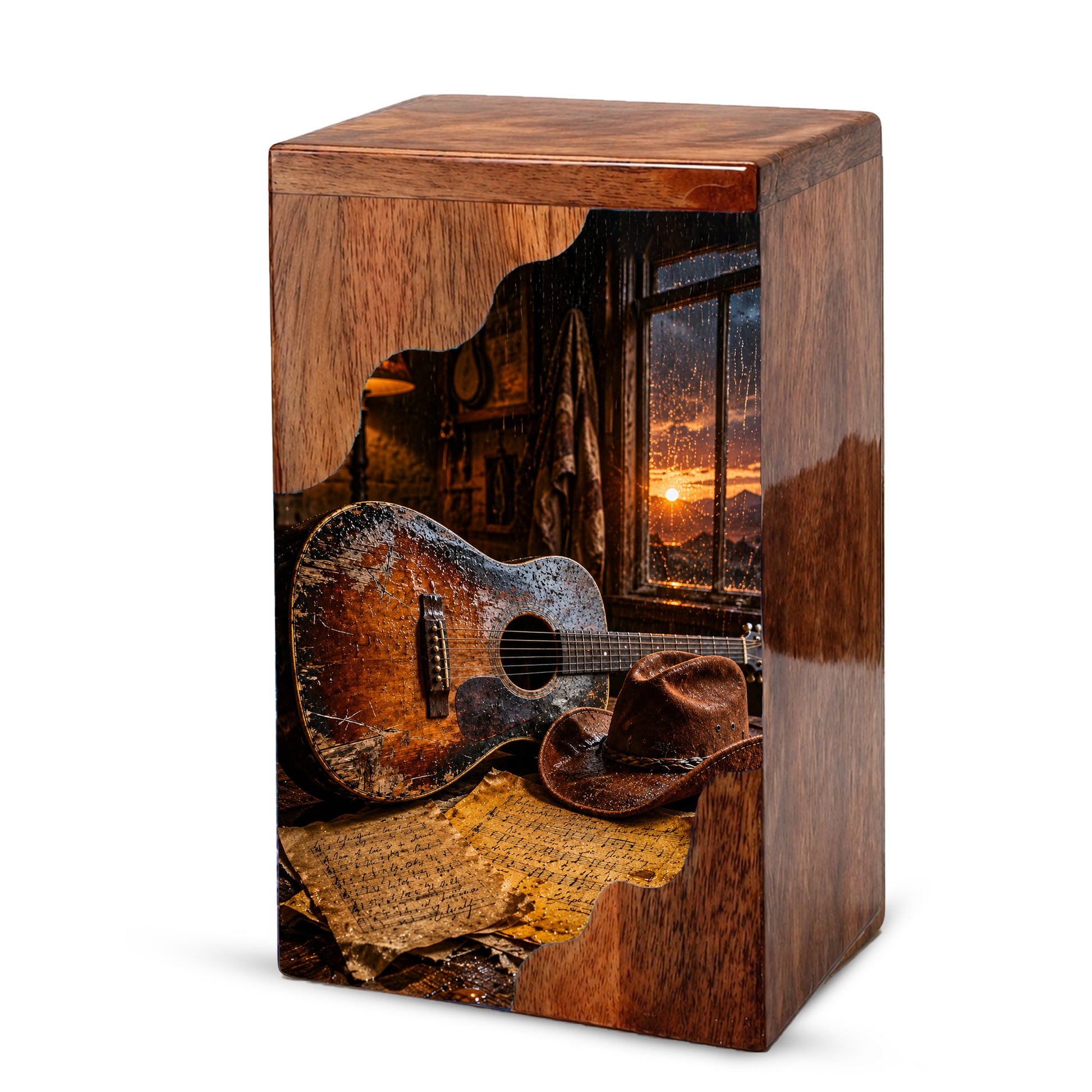 Music Wooden Cremation Urn – Guitar Memorial Urn | Rustic Wooden Urn for Human Ashes