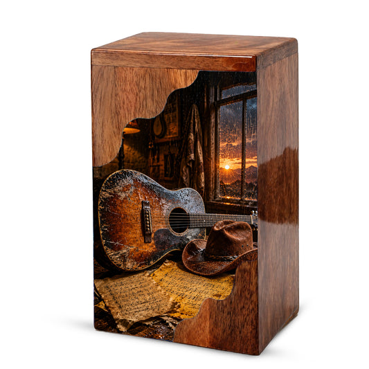 Music Wooden Cremation Urn – Guitar Memorial Urn | Rustic Wooden Urn for Human Ashes