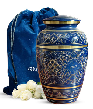 Blue Cremation Urn For Human Ashes - Brass Burial Large Urns (10", 200CU)