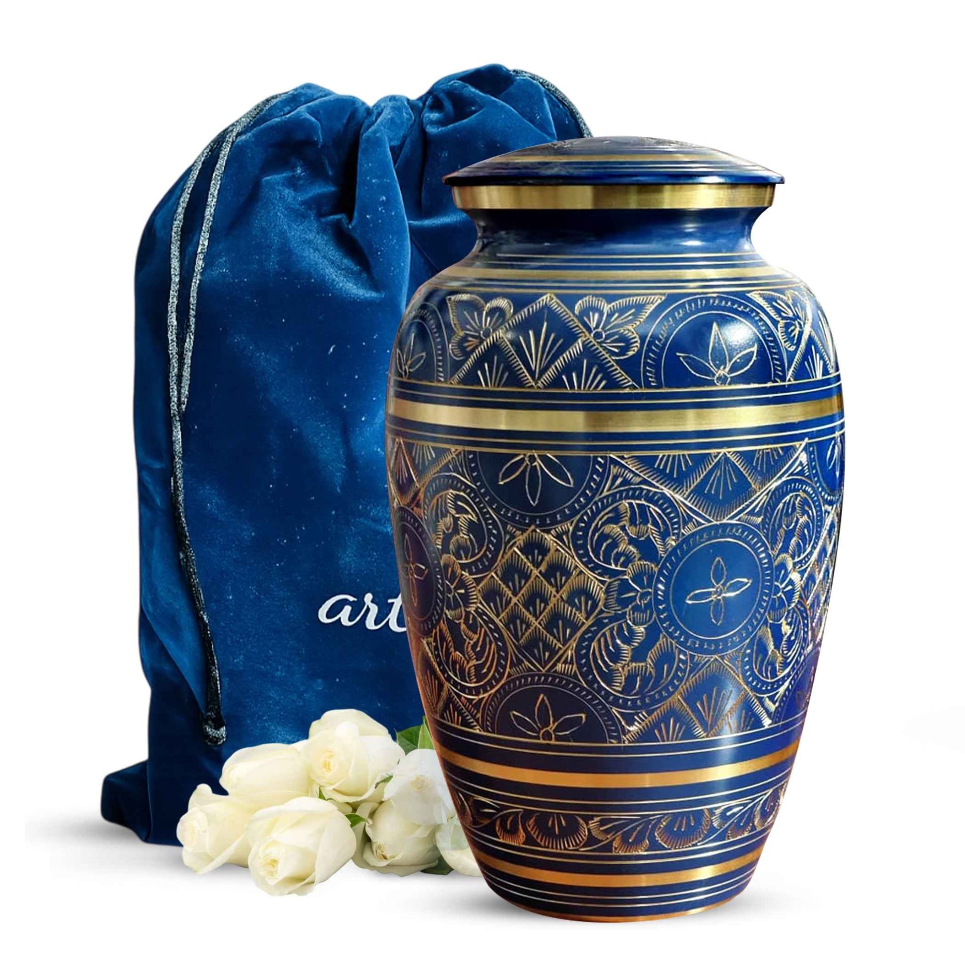 Blue Cremation Urn For Human Ashes - Brass Burial Large Urns (10", 200CU)