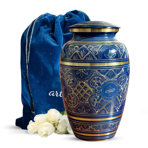 Blue Cremation Urn For Human Ashes - Brass Burial Large Urns (10", 200CU)