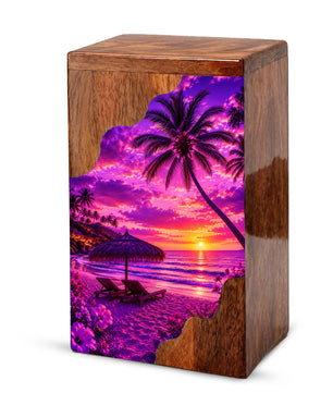 Tropical Sunset Wooden Cremation Urn – Beach Memorial Urn for Human Ashes
