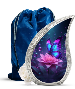 Butterfly Personalized Cremation Urn for Mom – Teardrop Style Aluminum Memorial Urn, 10 Inch