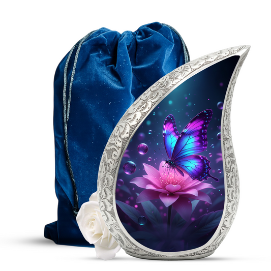 Butterfly Personalized Cremation Urn for Mom – Teardrop Style Aluminum Memorial Urn, 10 Inch