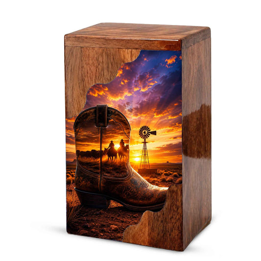 Cowboy Boot Wooden Cremation Urn – Wooden Urn for Human Ashes