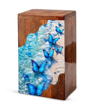 Blue Butterfly Beach Wooden Cremation Urn – Personalized Memorial Urn for Human Ashes