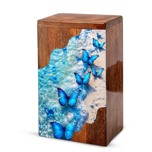 Blue Butterfly Beach Wooden Cremation Urn – Personalized Memorial Urn for Human Ashes