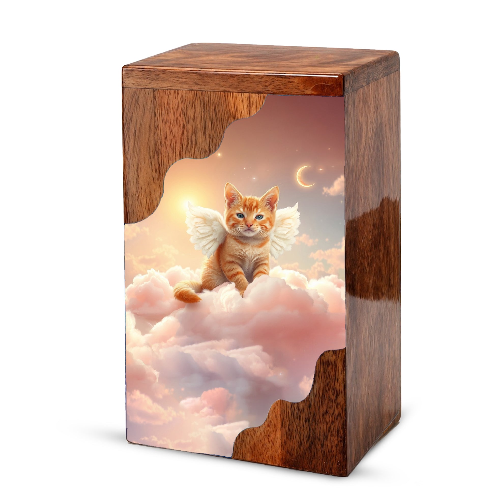 Cat Wooden Cremation Urn – Angel Cat Memorial Urn | Custom Pet Urn for Cat Ashes