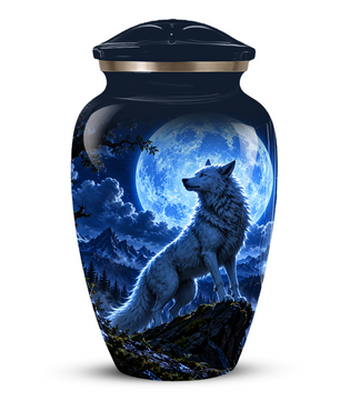 Personalized Adult Cremation Urn for Ashes, Custom Blue Wolf Moon Memorial Urn, Wildlife Cremation Urn