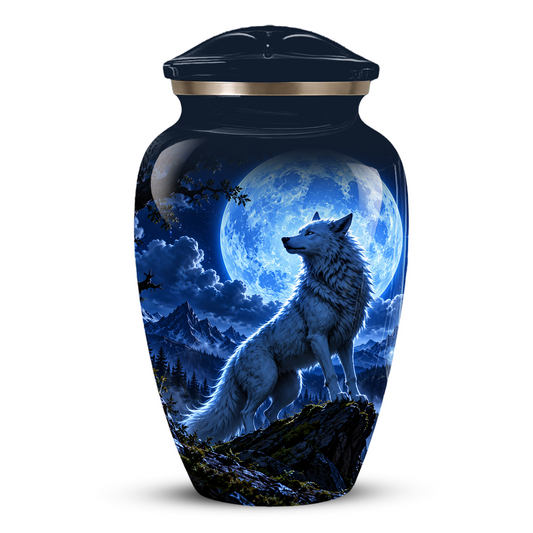 Personalized Adult Cremation Urn for Ashes, Custom Blue Wolf Moon Memorial Urn, Wildlife Cremation Urn