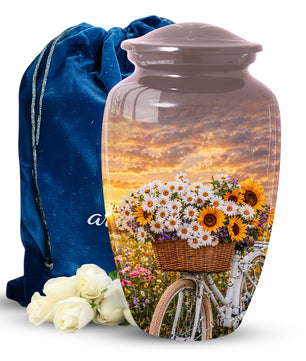 Flower Urn for Mom, Floral Cremation Large Urn for Ashes, Daisy & Sunflower Memorial Urn for Women