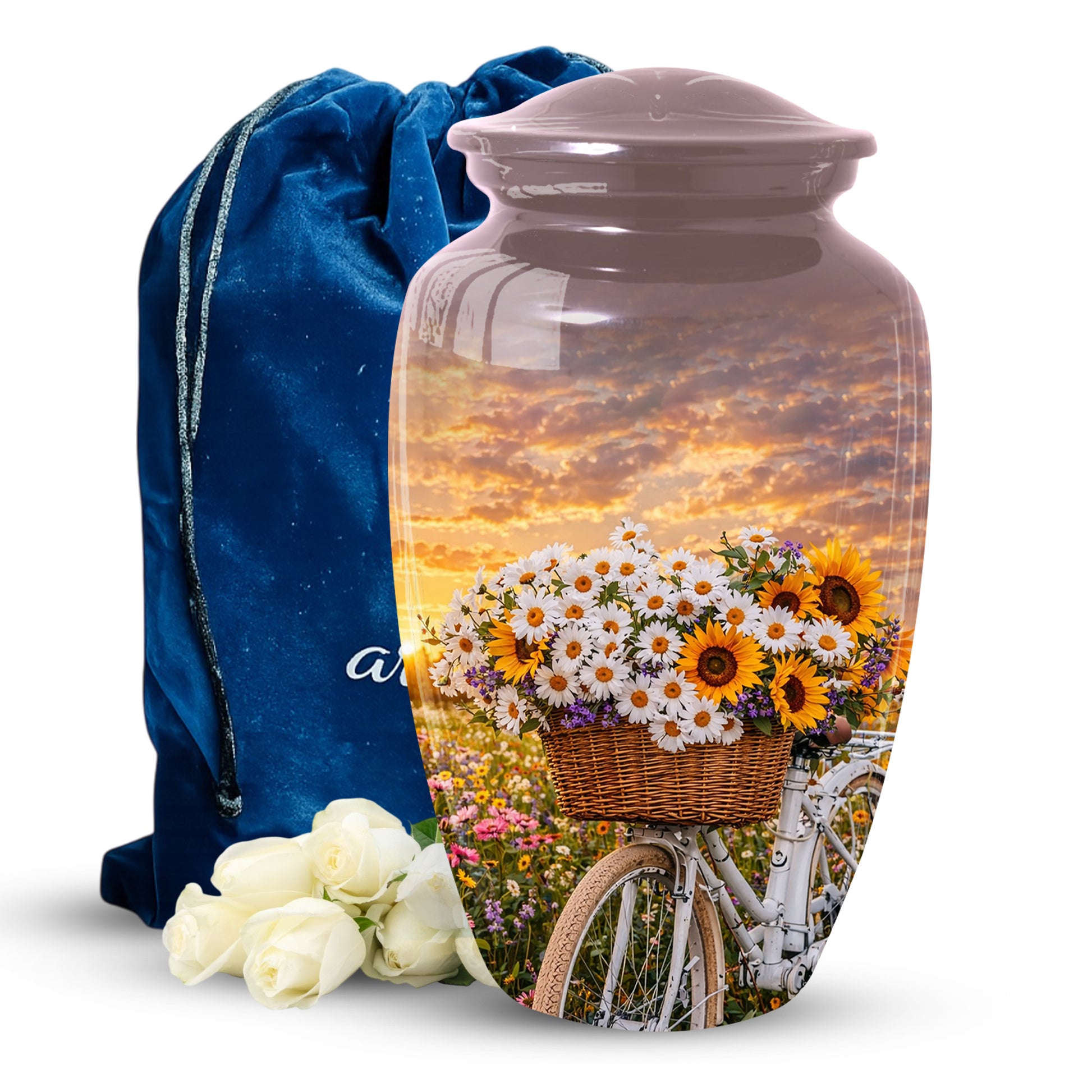 Flower Urn for Mom, Floral Cremation Large Urn for Ashes, Daisy & Sunflower Memorial Urn for Women