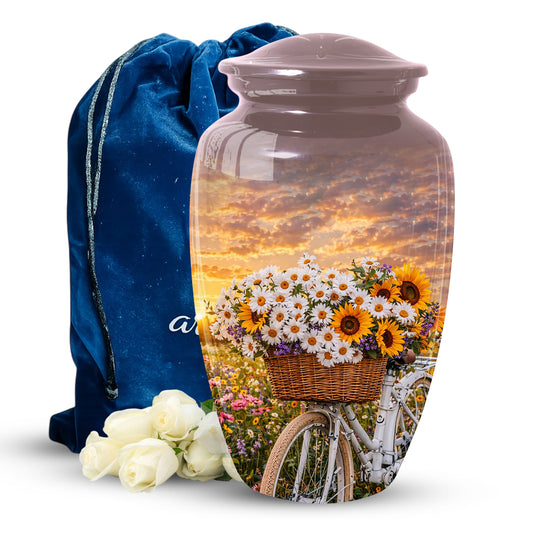 Flower Urn for Mom, Floral Cremation Large Urn for Ashes, Daisy & Sunflower Memorial Urn for Women