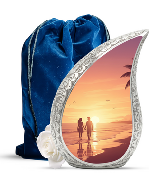 Personalized Beach Sunset Cremation Urn – Custom Ocean Memorial Urn for Ashes, Couple Beach Teardrop Aluminum Adult Urn, 10 Inch