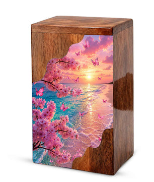 Cherry Blossom Butterfly Wooden Cremation Urn for Mom | Personalized Wooden Urn for Human Ashes