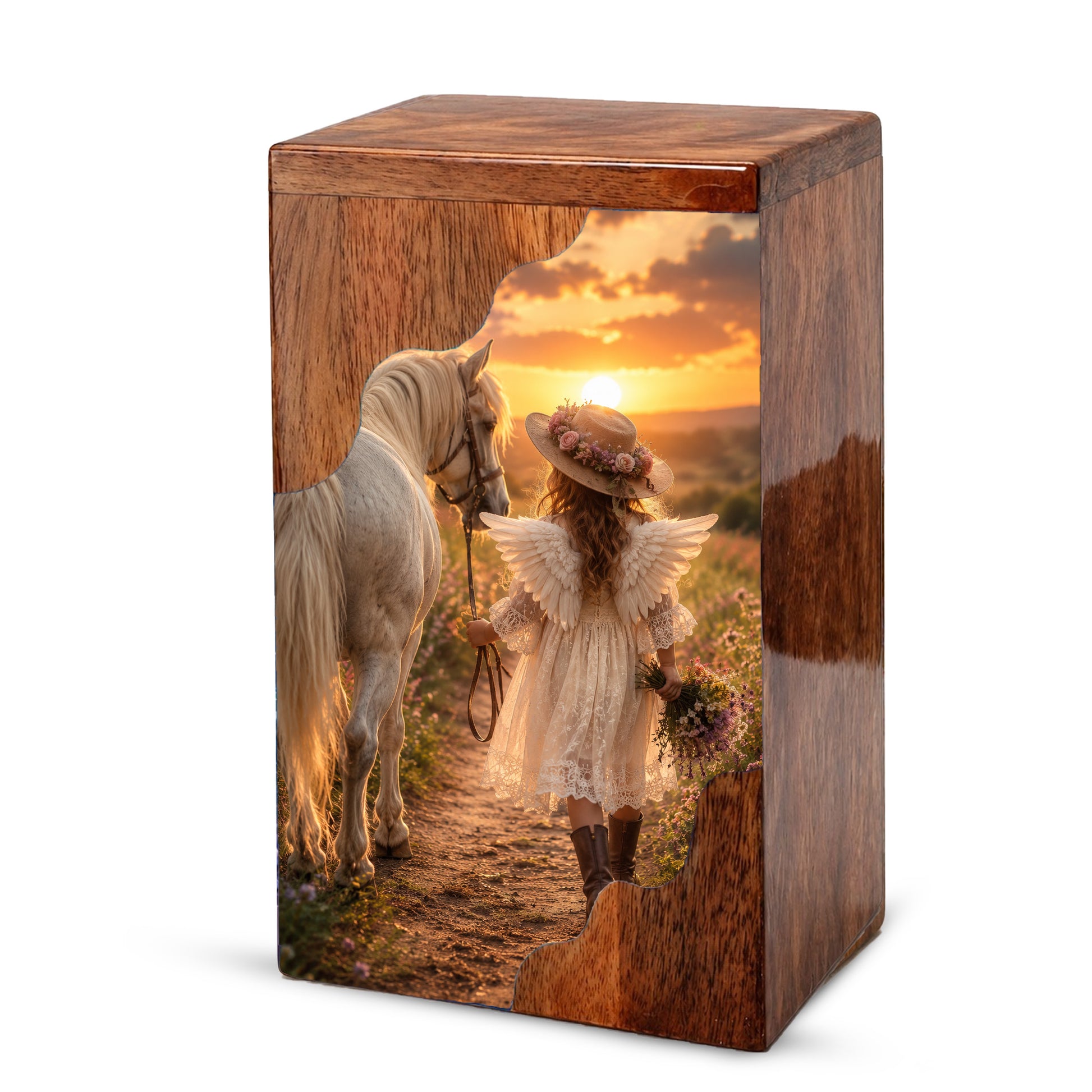 Angel Horse Wooden Cremation Urn – Memorial Urn for Human Ashes
