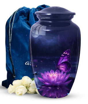 Purple Butterfly Urn for Mom on Lotus Flower | Butterfly Cremation Large Urn for Ashes