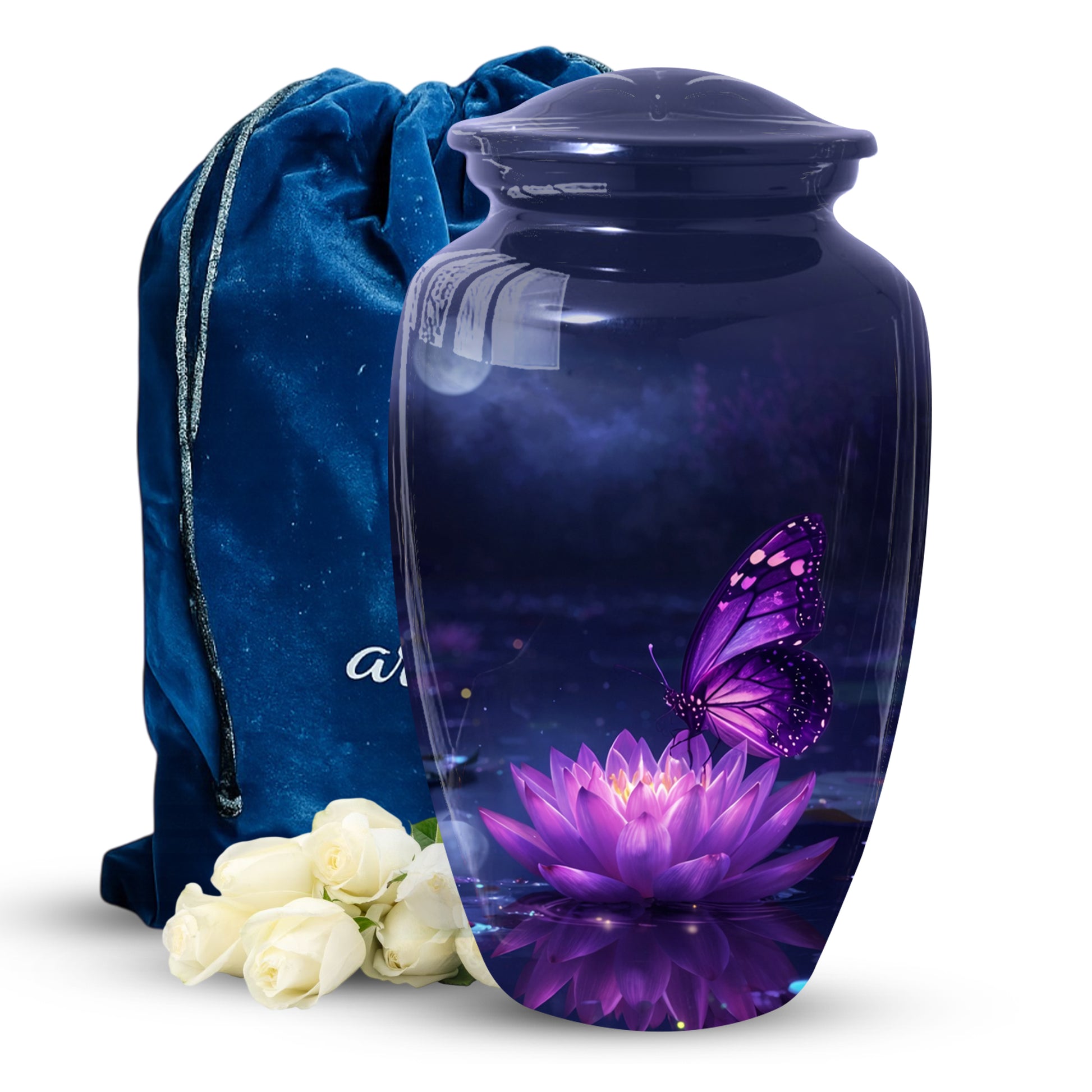 Purple Butterfly Urn for Mom on Lotus Flower | Butterfly Cremation Large Urn for Ashes