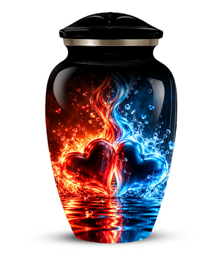 Red and Blue Heart Cremation Urn for Adult Ashes, Personalized Memorial Urn with Fire and Water Design