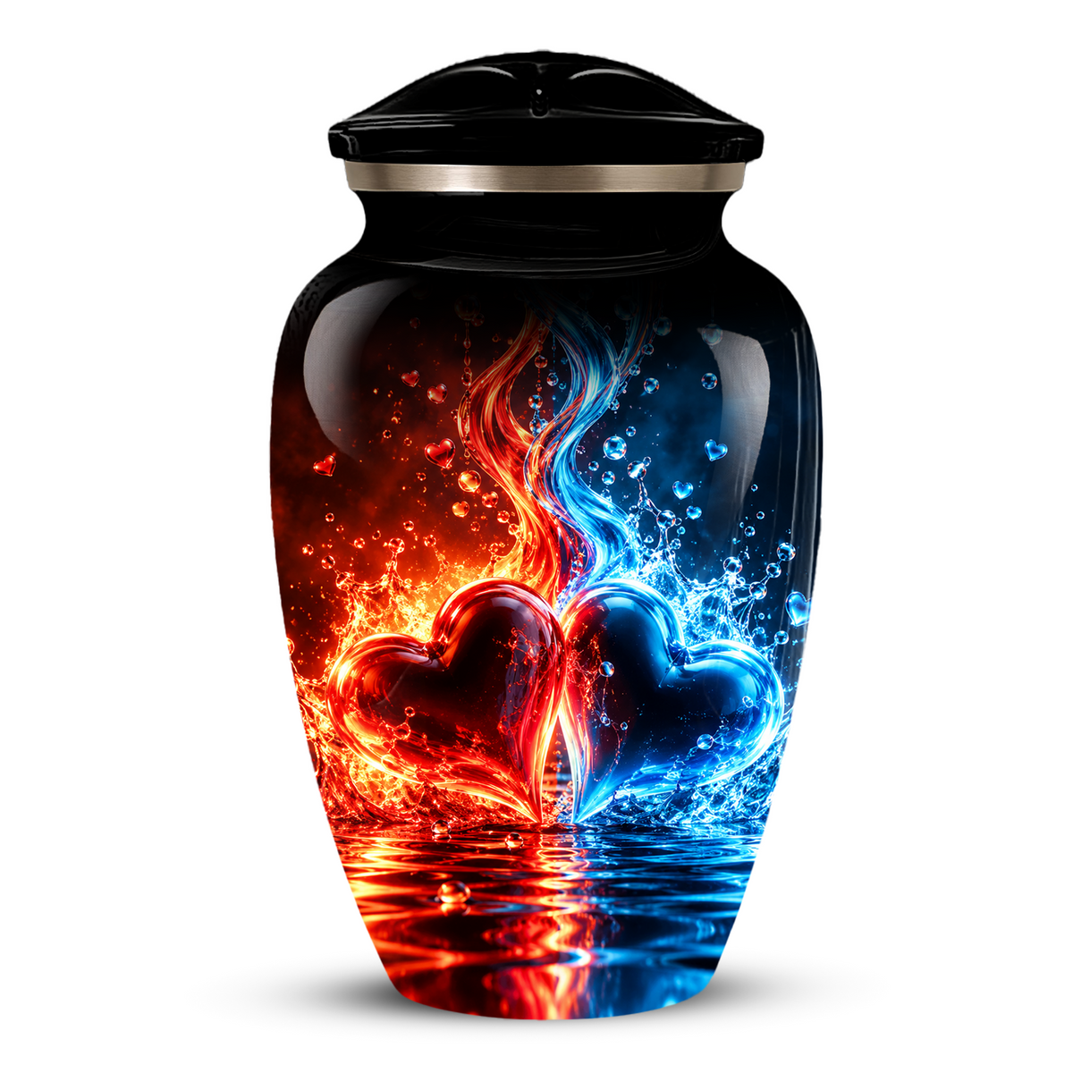 Red and Blue Heart Cremation Urn for Adult Ashes, Personalized Memorial Urn with Fire and Water Design