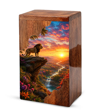 Lion Wooden Cremation Urn – Sunset Memorial Urn for Human Ashes |
