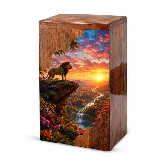 Lion Wooden Cremation Urn – Sunset Memorial Urn for Human Ashes |