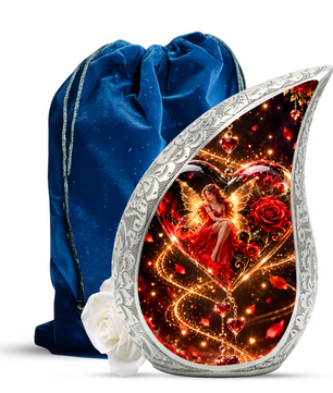 Fairy Heart Cremation Urn for Ashes, Red Rose Fantasy Adult Memorial Urn