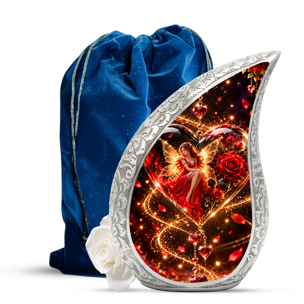 Fairy Heart Cremation Urn for Ashes, Red Rose Fantasy Adult Memorial Urn